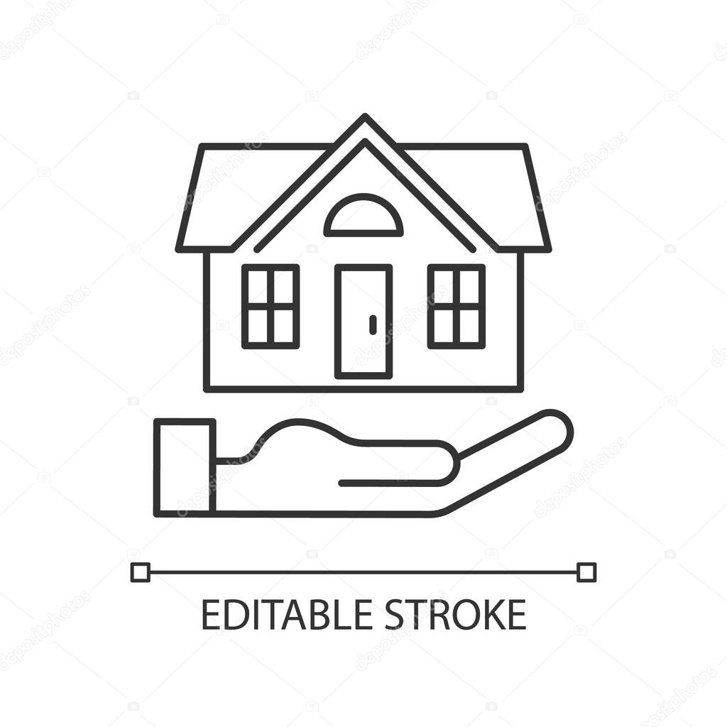 Home insurance linear icon. Insured event. Covering accident expenses for repairing house. Thin line customizable illustration. Contour symbol. Vector isolated outline drawing. Editable stroke