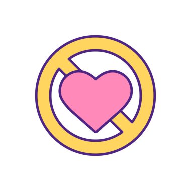 Yasak aşk dur işareti RGB renk simgesi. Romantik ilişki sembolü yok. Online flört yasağı. Sevgili bulma sitesinde çift bulmak yasaktır. Sevgi tabusu izole edilmiş vektör çizimi