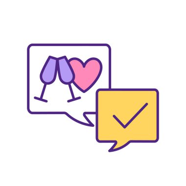 Randevu uygulaması RGB renk simgesinden ilk tarih ayarlanıyor. Romantik bir akşam yemeğine davet et. Köpüklü şarap ruhu. Randevu mesajını kabul etmek. Çevrimiçi sohbet daveti izole vektör illüstrasyonu