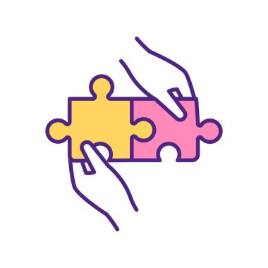 İki bulmaca RGB renk simgesinin mükemmel eşleşmesi. İki renk elementi ideal bağlantı. Sarı ve pembe oyun parçaları. İnsanlar iki yapboz elementi gibi izole edilmiş vektör illüstrasyonu