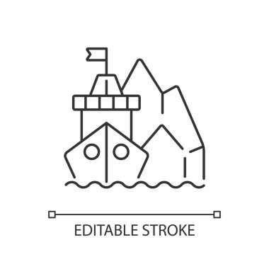 Kutup keşfi doğrusal simgesi. Kutup bölgeleri keşfi. Yeryüzündeki bozulmamış deniz alanları. İnce çizgi özelleştirilebilir illüstrasyon. Contour sembolü. Vektör izole çizim. Düzenlenebilir vuruş