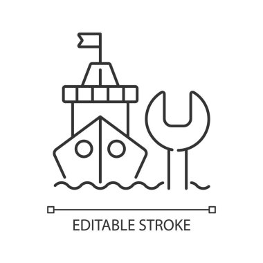 Gemi bakımı ve doğrusal simge onarımı. Yüzen gemiler tamir ediliyor. Donanma mühendisliği. İnce çizgi özelleştirilebilir illüstrasyon. Contour sembolü. Vektör izole çizim. Düzenlenebilir vuruş