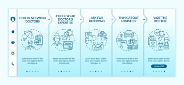 Birincil bakım doktorunu seçmek vektör şablonunda ipuçları verir. Simgeli ilgili mobil web sitesi. Web sayfasında 5 basamaklı ekranlar. Doğrusal illüstrasyonlu sağlık sigortası renk kavramı