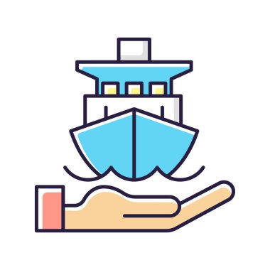 Deniz sigortası RGB renk ikonu. Nakliye masrafları ve kayıplar kapsamı içinde. Gemiler, gemiler, kargolar. Deniz navigasyonundan korunma riski var. Yüzme, yolculuk, filo politikası. İzole vektör illüstrasyonu