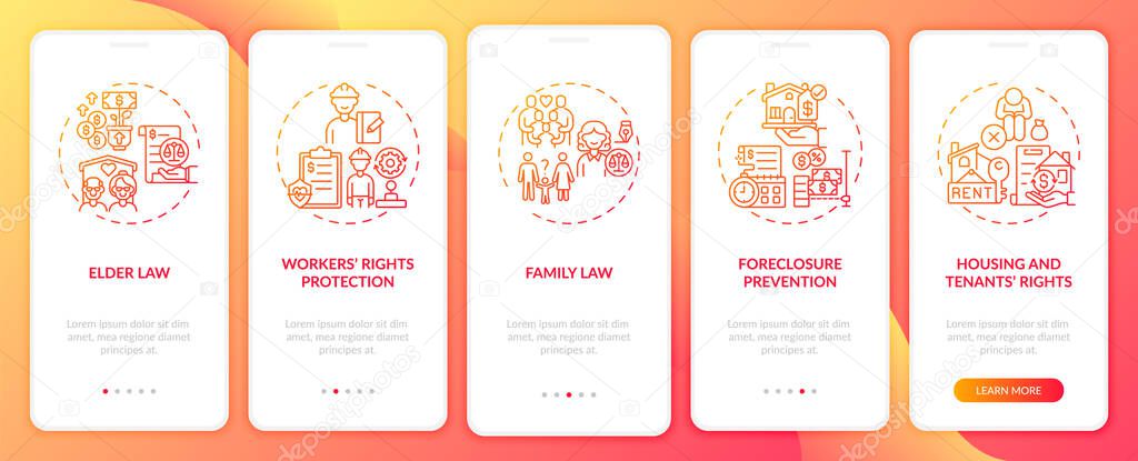 Legal services types onboarding mobile app page screen with concepts. Foreclosure prevention walkthrough 5 steps graphic instructions. UI, UX, GUI vector template with linear color illustrations