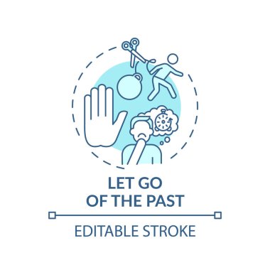 Geçmiş turkuaz konsept ikonunu bırak. Olumsuz davranışlardan kaçının. Pozitif tavır. Kişisel gelişim fikri ince çizgi çizimi. Vektör izole edilmiş RGB renk çizimi. Düzenlenebilir vuruş