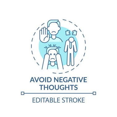 Olumsuz düşünce türkuaz konsept ikonundan kaçının. Pozitif tavır. Psikolojik yaklaşım. Kişisel gelişim fikri ince çizgi çizimi. Vektör izole edilmiş RGB renk çizimi. Düzenlenebilir vuruş