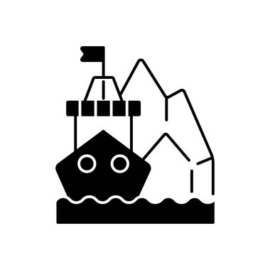 Kutup keşfi siyah doğrusal simge. Kutup bölgeleri keşfi. Yeryüzündeki bozulmamış deniz alanları. Kuzey ve güney kutuplarına ulaşıyor. Beyaz uzayda ana hat sembolü. Vektör izole illüstrasyonu