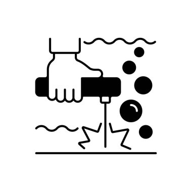 Su altı kaynak siyah doğrusal simgesi. Offshore petrol sondajı. Petrol kulesi ve gemi bakımı. Kaynakçı-dalgıç. Basınç kaybı hastalığı. Beyaz uzayda ana hat sembolü. Vektör izole illüstrasyonu