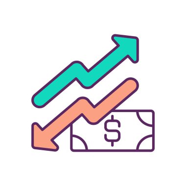Para birimi yükselme ve düşme RGB renk simgesi. Döviz dalgalanmaları. Değişim oranı davranışı. Satın alma gücü. Değeri düşüyor. Ekonomik büyüme. Enflasyon, deflasyon. Değersizlik. İzole vektör illüstrasyonu