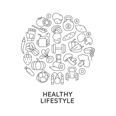 Manşetli sağlıklı yaşam tarzı soyut doğrusal konsept. Sağlıklı beslenme minimalist bir fikir. Ağırlık kontrolü ince çizgi çizimleri. Arkaplan için izole vektör konturu simgeleri