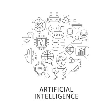 Manşetli yapay zeka soyut doğrusal konsept düzeni. AI minimalist fikir. Dijital dönüşüm ince çizgi çizimleri. Arkaplan için izole vektör konturu simgeleri