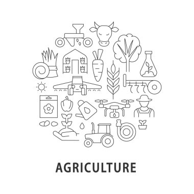 Manşetlerle birlikte tarım soyut doğrusal konsept düzeni. Sebze ekimi. Çiftçilik minimalist bir fikir. Gelişen hasat ince çizgi çizimleri. Arkaplan için izole vektör konturu simgeleri