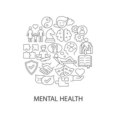 Manşetlerle zihinsel sağlık soyut doğrusal konsept düzeni. Sağlıklı zihin. Kişisel sağlık hizmetleri asgari düzeyde bir fikir. İnce çizgi çizimleri tavsiye ediyorum. Arkaplan için izole vektör konturu simgeleri