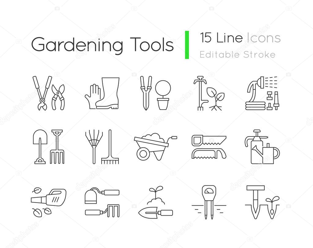 Gardening tools linear icons set. Horticultural implement. Bypass loppers. Gloves, boots. Hosepipe. Customizable thin line contour symbols. Isolated vector outline illustrations. Editable stroke