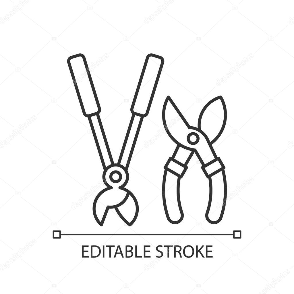 Garden secateurs linear icon. Bypass loppers. Hedge trimmers. Pruning trees, shrubs and shears. Thin line customizable illustration. Contour symbol. Vector isolated outline drawing. Editable stroke