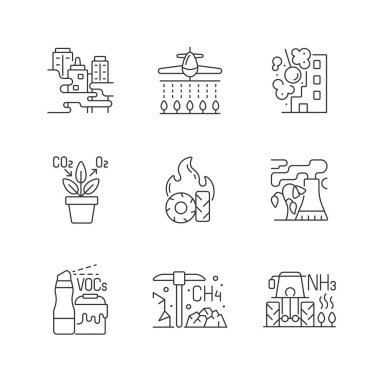 Hava kirliliği doğrusal simgeleri ayarlandı. Gezegen çevresi ve atmosferine zarar veren insanlar. Çöpler artıyor. Özelleştirilebilir ince çizgi şekilleri. İzole vektör çizimi çizimleri. Düzenlenebilir vuruş