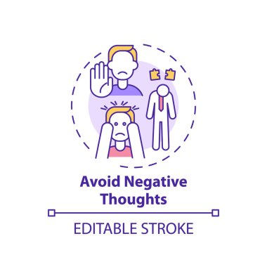 Olumsuz düşünce konsepti ikonundan kaçının. Pozitif zihinsel tutum. Hayata psikolojik yaklaşım. Kişisel gelişim fikri ince çizgi çizimi. Vektör izole edilmiş RGB renk çizimi. Düzenlenebilir vuruş