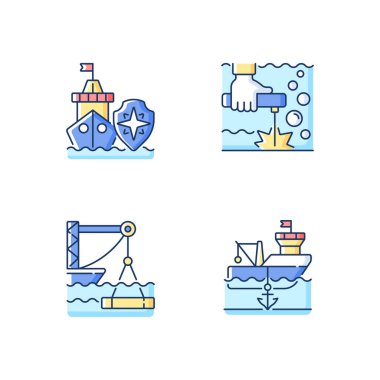 Denizcilik endüstrisi RGB renk simgeleri ayarlandı. Arama kurtarma ekipleri. Su altı kaynakçılığı. Deniz inşaatı. Demir atmış gemi. Ulusal güvenlik. Offshore petrol sondajı. İzole vektör çizimleri