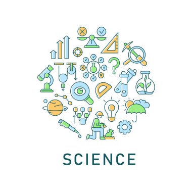 Manşetli bilim soyut renk konsepti. Laboratuvar testleri, veri incelemeleri. Bilimsel analiz. Laboratuvar araştırması yaratıcı bir fikir. Web arkaplanı için izole edilmiş vektör kontur simgeleri