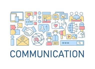 Manşetlerle iletişim soyut renk düzeni. Çevrimiçi bağlantı. Bilgi tartışması. Mesajla sohbet et. Şebeke yaratıcı fikri. Web arkaplanı için izole edilmiş vektör kontur simgeleri