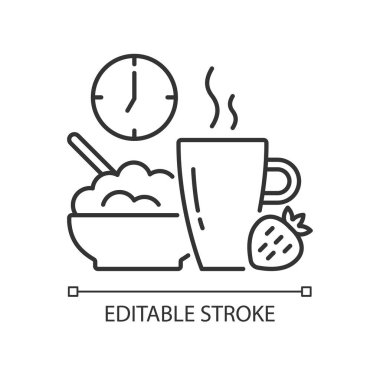 Healthy breakfast linear icon. Start of day with nutrient meal. Oatmeals for lunch. Thin line customizable illustration. Contour symbol. Vector isolated outline drawing. Editable stroke