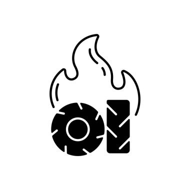 Burning tires black linear icon. Tire fire emissions include dangerous pollutants such as carbon monoxide and oxides of nitrogen. Outline symbol on white space. Vector isolated illustration