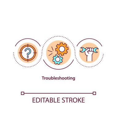Troubleshooting concept icon. Repair failed system. Search for source of issue. Problem solving idea thin line illustration. Vector isolated outline RGB color drawing. Editable stroke