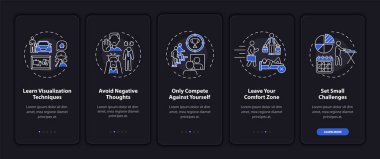 Self-improvement tools onboarding mobile app page screen with concepts. Personal challenge walkthrough 5 steps graphic instructions. UI, UX, GUI vector template with linear night mode illustrations