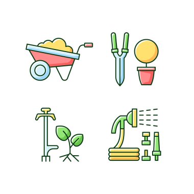 Garden accessories RGB color icons set. Wheelbarrow. Pruning shears. Weed puller. Hosepipe with sprayer nozzle. Hand-propelled vehicle. Plant manipulation. Pulling tool. Isolated vector illustrations