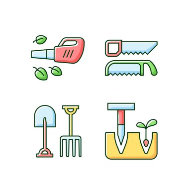 Garden instruments RGB color icons set. Leaf blower. Saws. Fork and spade. Pointed wooden stick. Cleaning up leaves. Loosening, blending soil. Cutting fresh and dry wood. Isolated vector illustrations