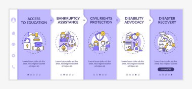 Yasal hizmetler vektör şablonunda yer alır. Simgeli ilgili mobil web sitesi. Web sayfasında 5 basamaklı ekranlar. Doğrusal çizimlerle eğitim rengi kavramına erişim