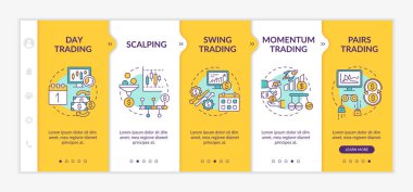 Borsa ticaret stratejileri vektör şablonunda. Simgeli ilgili mobil web sitesi. Web sayfasında 5 basamaklı ekranlar. İntraday, swing, çiftler doğrusal çizimlerle renk ticareti kavramı