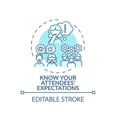 Katılımcıların beklentilerini bilmek konsept simgesidir. Ve pazarlama fikri ince çizgi çizimi. Katılımcı hedeflerine ulaşılıyor. Olay hazırlığı. Vektör izole edilmiş RGB renk çizimi. Düzenlenebilir vuruş