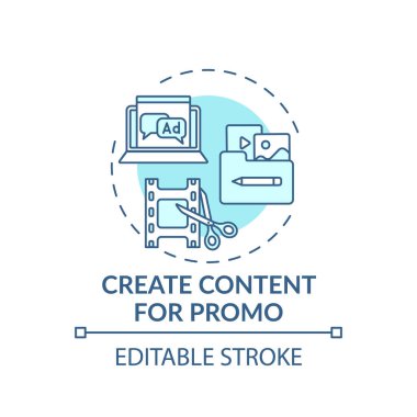Tanıtım konsepti simgesi oluşturuluyor. Çevrimiçi olay pazarlama fikri ince çizgi çizimi. Ürünler, hizmet pazarlama. Reklamcılık. Vektör izole edilmiş RGB renk çizimi. Düzenlenebilir vuruş