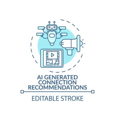 Yapay zeka, bağlantı önerileri konsept simgesi oluşturdu. Network fikri için VE ince çizgi çizimi. Yapay zeka uygulanıyor. Vektör izole edilmiş RGB renk çizimi. Düzenlenebilir vuruş