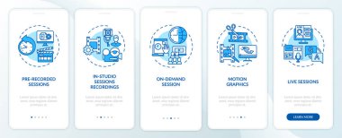 Konseptli mobil uygulama sayfası ekranındaki uzak olay içeriği. Kaydedilmiş, canlı toplantılar, 5 adımlık grafiksel talimatlar. UI, UX, doğrusal renk çizimleri olan GUI vektör şablonu