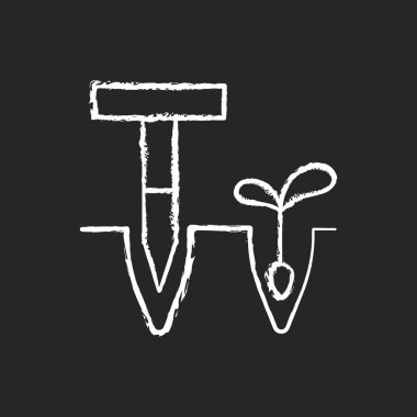 Siyah arkaplanda Dibbler beyaz tebeşiri simgesi. Sivri uçlu tahta sopa. Ekmek için delikler ve çizgiler. Çiçek tarhını hazırlayın. T-kulp dibber. İzole edilmiş vektör karatahta çizimi