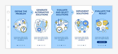 Vektör şablonunda problem çözme işlemi. Simgeli ilgili mobil web sitesi. Web sayfasında 5 basamaklı ekranlar. Doğrusal çizimlerle yaratıcı düşünme rengi kavramı