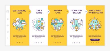 Vektör şablonunda problem çözme teknikleri. Simgeli ilgili mobil web sitesi. Web sayfasında 5 basamaklı ekranlar. Doğrusal çizimlerle yaratıcı düşünme rengi kavramı