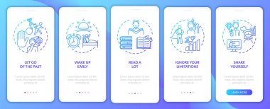 Kişisel gelişim, donanmanın mobil uygulama sayfası ekranına konseptlerle ilgili tüyo veriyor. Kendinizi 5 adımlık grafik talimatlara göre geliştiriyorsunuz. UI, UX, doğrusal renk çizimleri olan GUI vektör şablonu