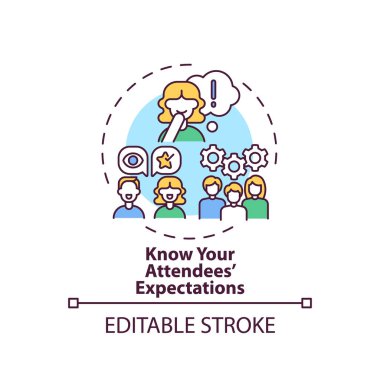 Katılımcıların beklentilerini bilmek konsept simgesidir. Ve pazarlama fikri ince çizgi çizimi. Katılımcı hedeflerine ulaşılıyor. Detayları önemsiyorum. Vektör izole edilmiş RGB renk çizimi. Düzenlenebilir vuruş