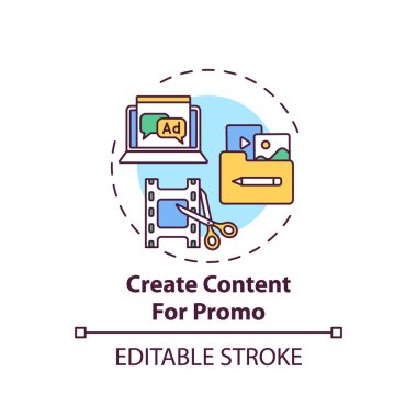 Tanıtım konsepti simgesi oluşturuluyor. Çevrimiçi olay pazarlama fikri ince çizgi çizimi. Promosyon içeriği. Reklamcılık, tanıtım. Vektör izole edilmiş RGB renk çizimi. Düzenlenebilir vuruş