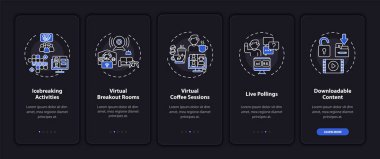 Uzaktan toplama başarısı mobil uygulama sayfa ekranında kavramlarla birlikte. Oyunlar, aktiviteler, 5 adımlık grafik talimatlar. UI, UX, doğrusal gece kipi çizimleri ile GUI vektör şablonu
