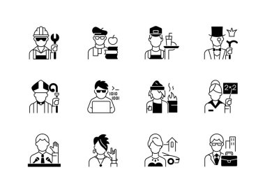 Sosyal durum siyah doğrusal simgeler ayarlandı. Alt ve üst sınıf. Siyasi elitler. Entellektüeller, aristokratlar. Bilgisayar uzmanı. Kabartma şekilleri. Vektör izole edilmiş taslak çizimleri