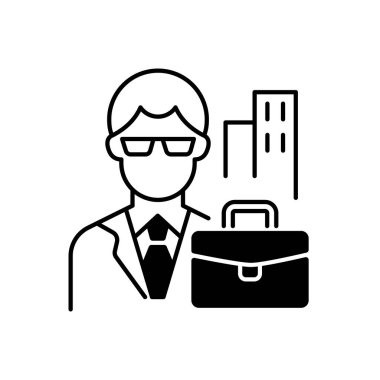 Beyaz yakalı işçi siyah doğrusal simge. Profesyonel iş adamı, idari yönetici çalışanı. Ofis işi, şirket çalışanı. Beyaz uzayda ana hat sembolü. Vektör izole illüstrasyonu