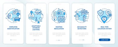 Mobil uygulama sayfası ekranında kavramlarla dolu gelecekçi akıllı ofis. Kimlik, güvenlik ışığı 5 adımlık grafik talimatlar. UI, UX, doğrusal renk çizimleri olan GUI vektör şablonu