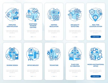 Mobil uygulama sayfası ekranında konseptlerle birlikte akıllı ofis planlaması. Çalışma alanı gezintisi 5 adım grafik talimatlar. UI, UX, doğrusal renk çizimleri olan GUI vektör şablonu
