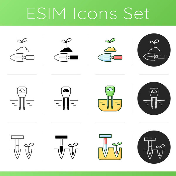 Garden instruments icons set. Hand trowel. Soil moisture monitoring. Dibbler. Digging small holes. Pointed wooden stick. Linear, black and RGB color styles. Isolated vector illustrations