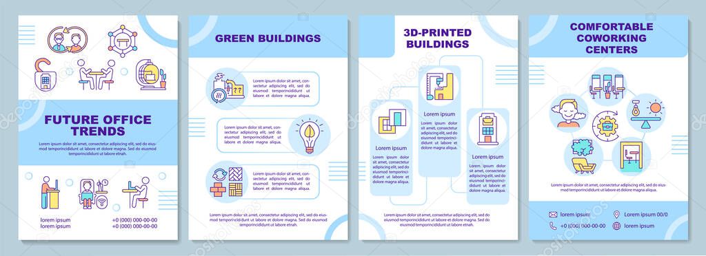 Future office trends brochure template. Green, 3D-printed buildings. Flyer, booklet, leaflet print, cover design with linear icons. Vector layouts for presentation, annual reports, advertisement pages